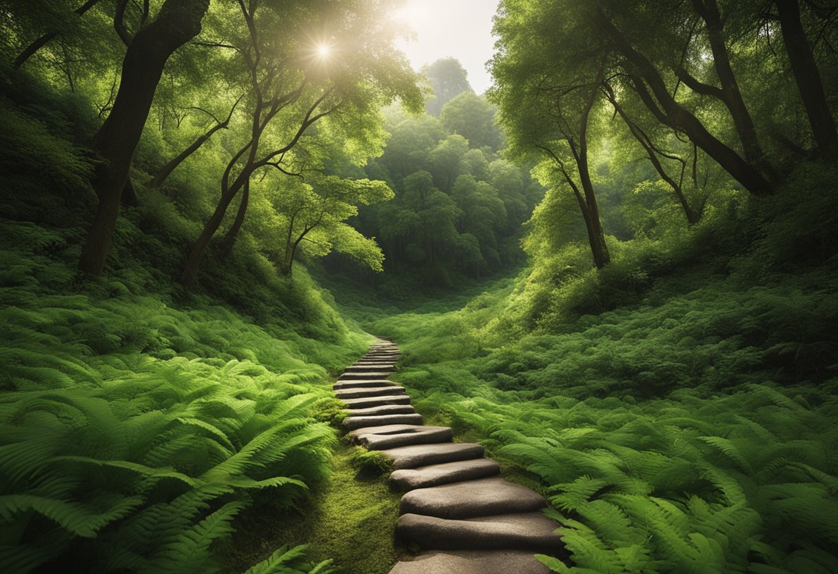 A serene forest with a winding path, surrounded by lush greenery and wildlife. A clear stream runs through the scene, with minimal human impact
