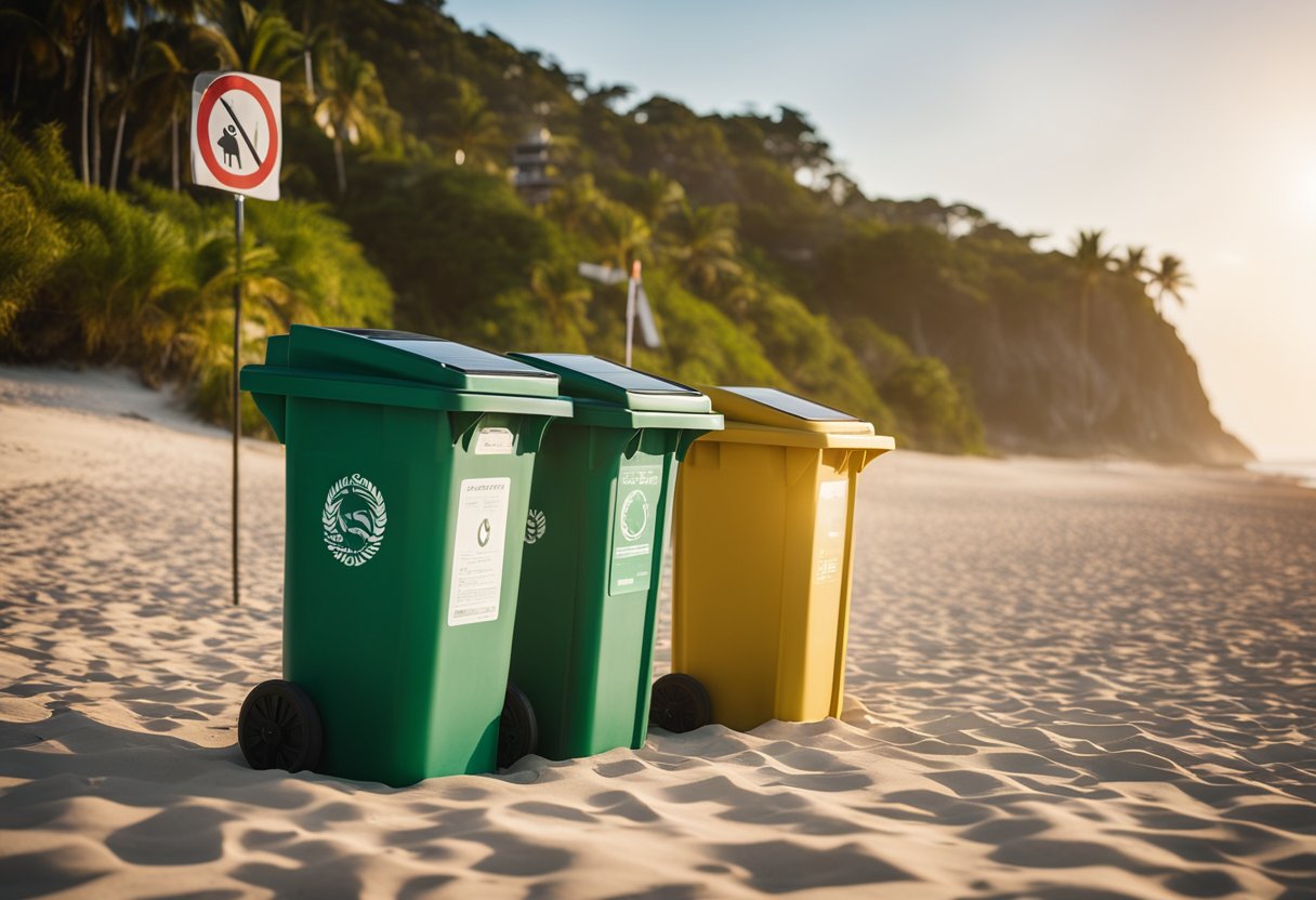 A serene beach with recyclable waste bins, solar-powered lighting, and signs promoting responsible tourism