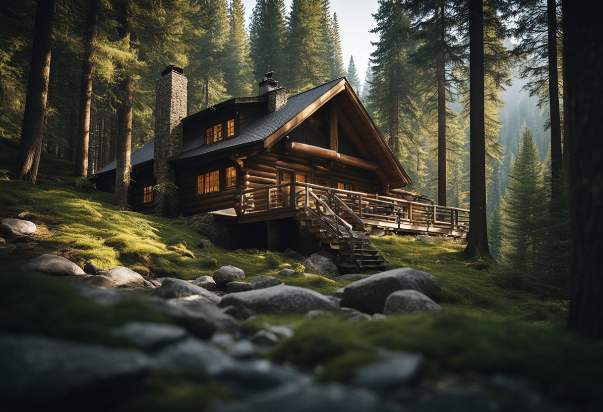 A serene mountain cabin surrounded by tall trees, with no Wi-Fi or cell service, offering a peaceful escape from digital distractions
