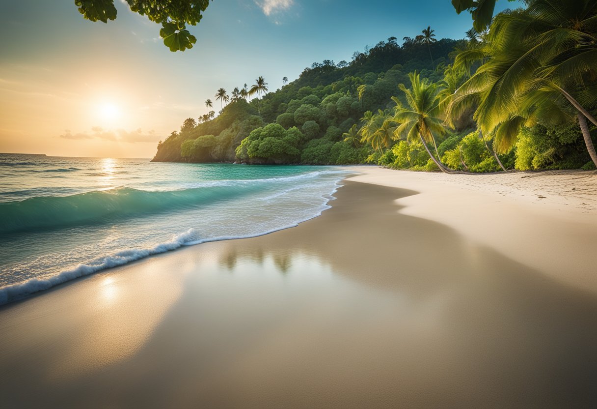 A serene beach with no Wi-Fi signal, surrounded by lush greenery and crystal-clear waters, perfect for a digital detox getaway