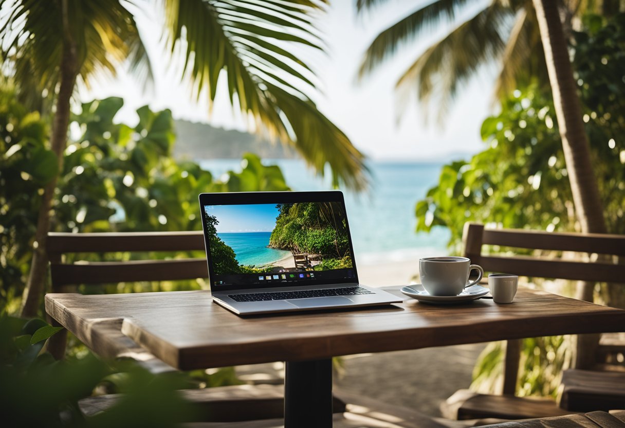 A cozy beachside cafe with a laptop and coffee, overlooking a serene ocean view and surrounded by lush greenery