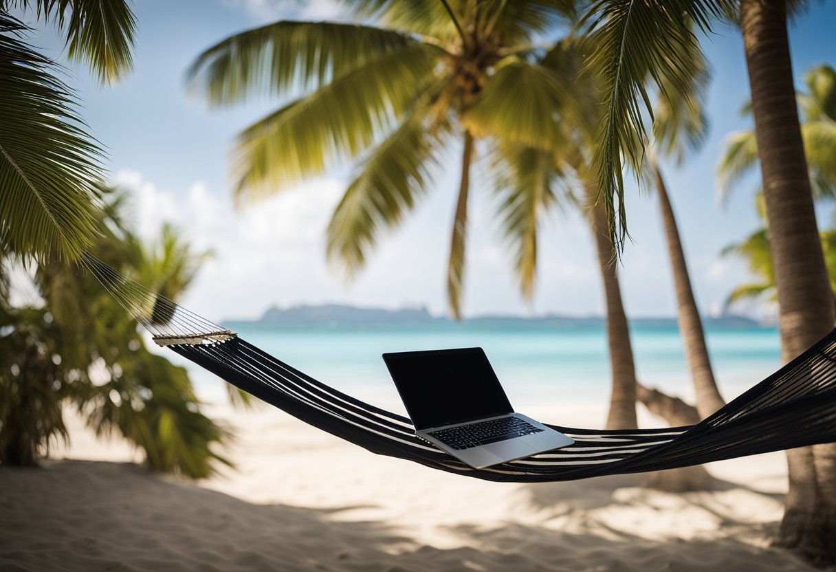 A laptop and a tropical beach setting with a hammock and palm trees, showcasing the rise of remote work and workation hotspots