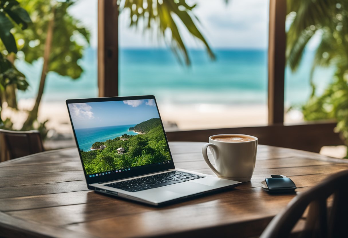 A cozy cafe with a view of the ocean, a laptop and notebook on the table, surrounded by lush greenery and a serene atmosphere