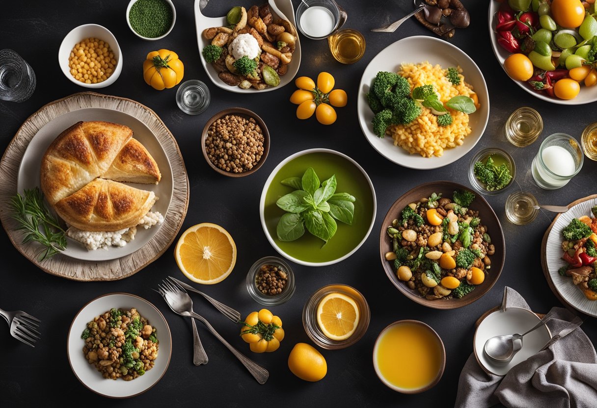 A table set with colorful dishes and utensils, surrounded by a variety of mouthwatering foods from Bellevue's diverse culinary scene