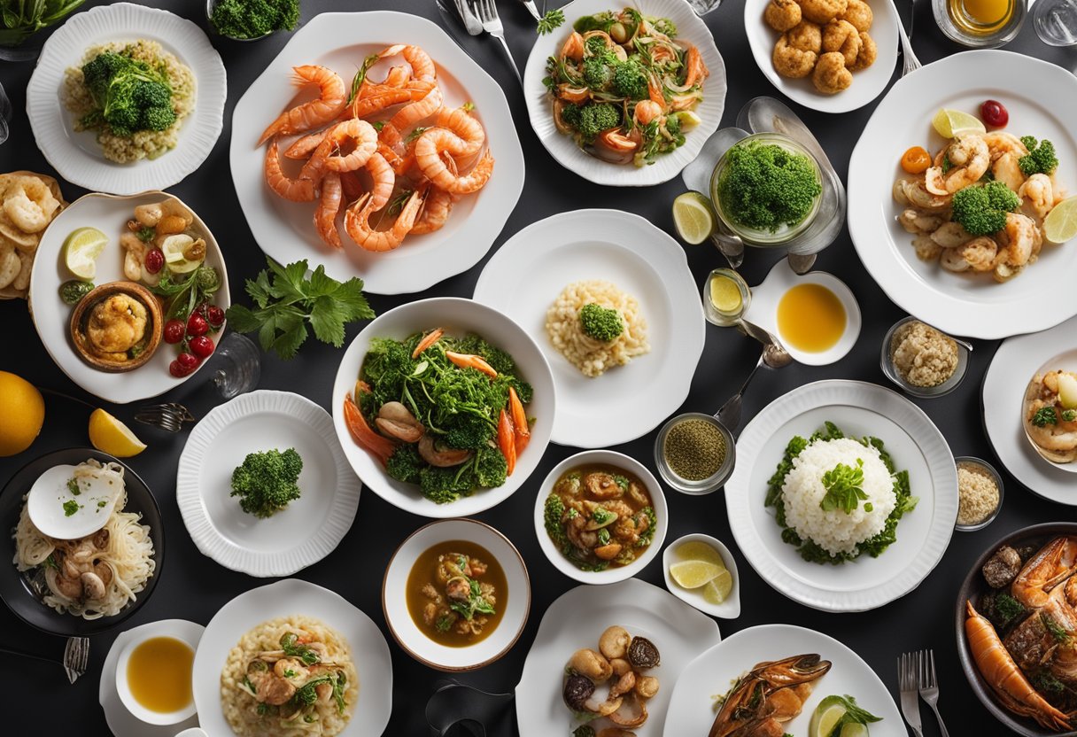 A table filled with iconic Bellevue dishes, including fresh seafood, local produce, and international flavors. The dishes are artfully presented on elegant plates, showcasing the diverse culinary offerings of the city
