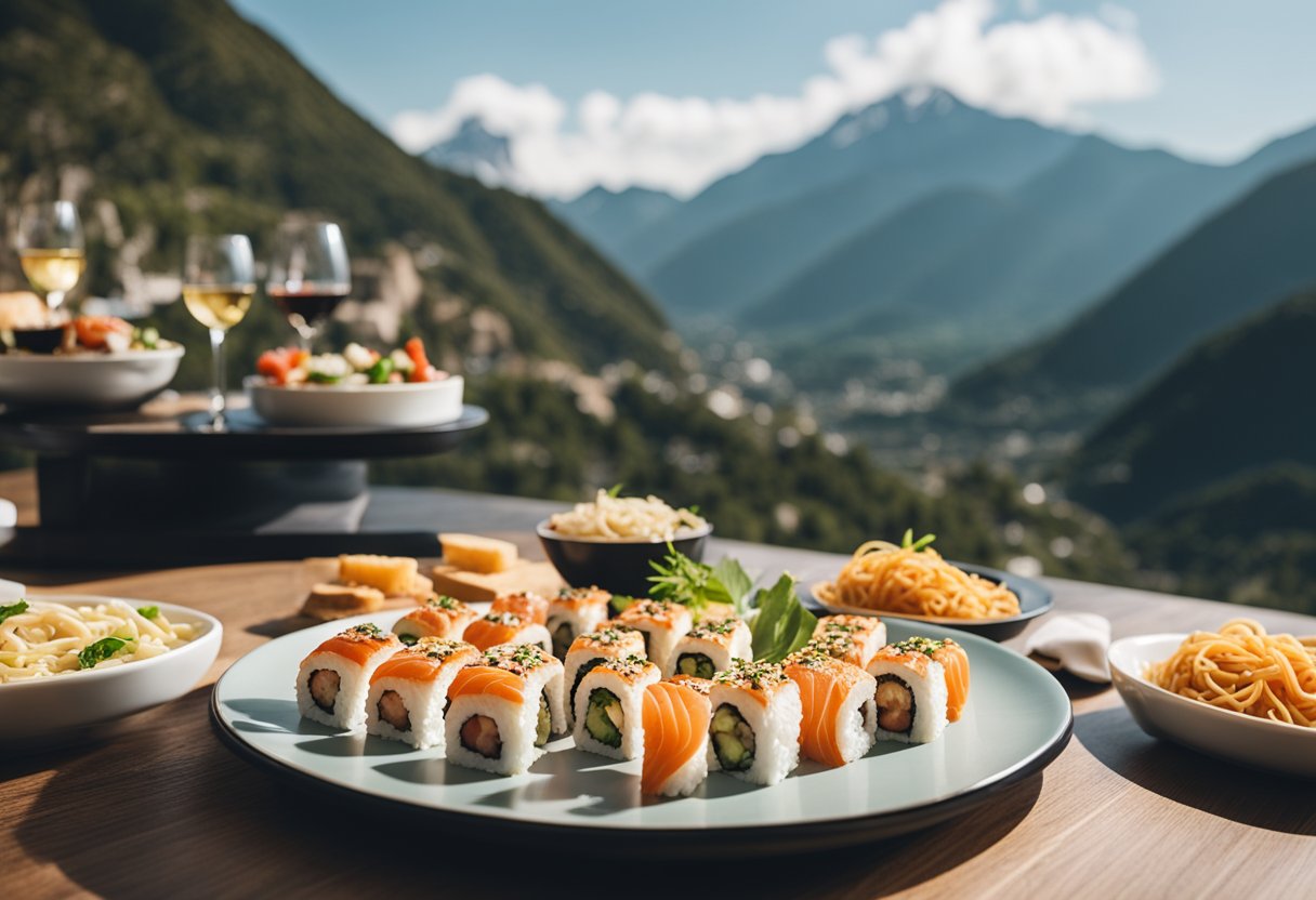 A table set with diverse dishes: sushi, pizza, and pasta. A mountain view in the background