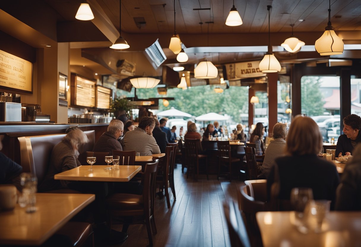 The bustling atmosphere of Issaquah's iconic restaurants, with steaming plates of must-try dishes being served to eager patrons