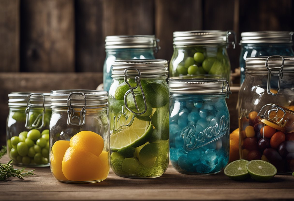 Mason glass jars with handles arranged on a rustic wooden table