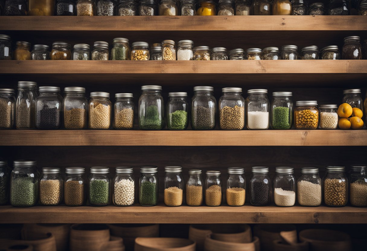 A shelf displays various Mason glass jars with handles, showcasing their history and evolution. The jars vary in size, shape, and color, representing their enduring popularity