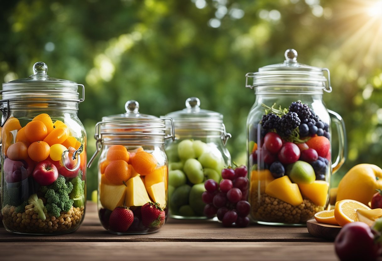 Mason glass jars with handles arranged on a rustic wooden table, filled with colorful fruits and vegetables, with sunlight streaming through a nearby window