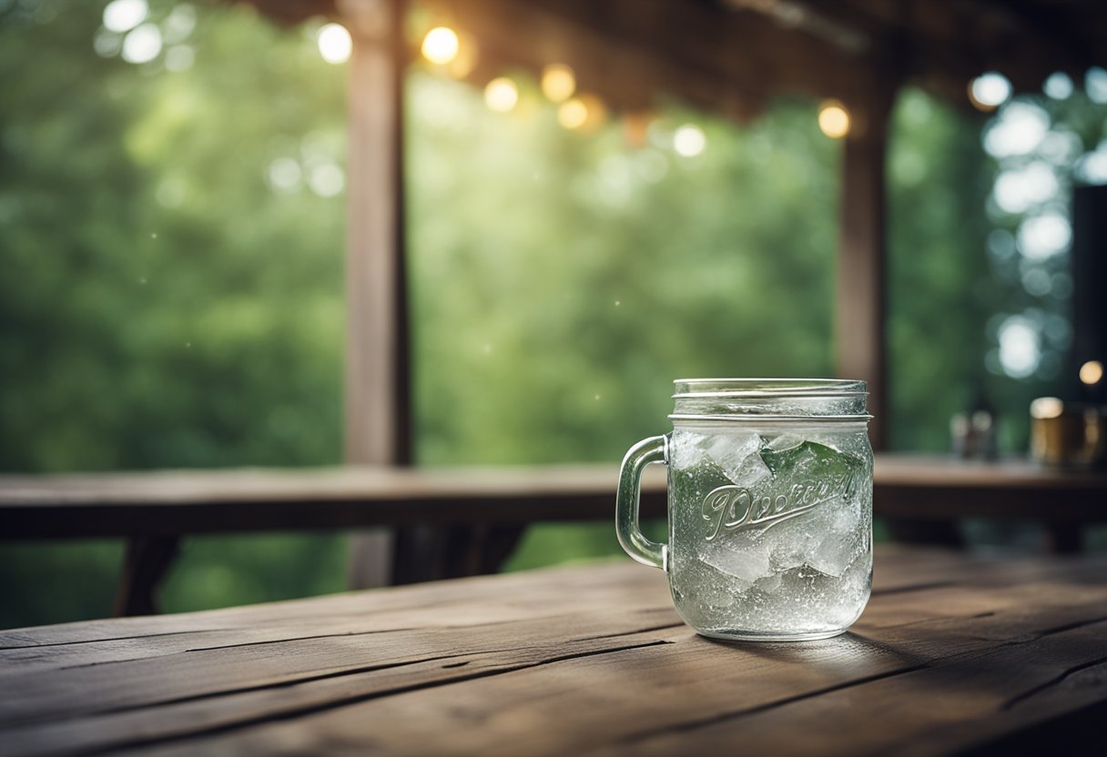 A mason jar glass sits on a rustic wooden table, filled with ice and a refreshing beverage, condensation forming on the outside