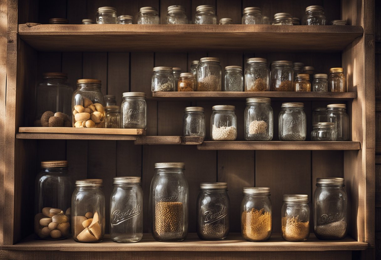 A rustic wooden shelf displays a collection of vintage Mason jars, each bearing unique patterns and designs. The warm glow of sunlight filters through the glass, casting intricate shadows on the weathered surface