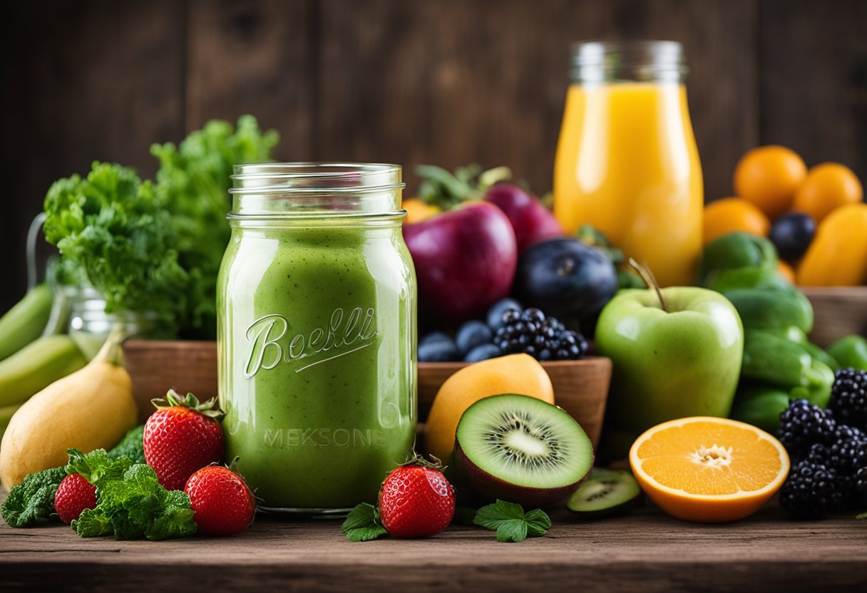 A mason jar glass filled with colorful smoothie, surrounded by fresh fruits and vegetables on a rustic wooden table