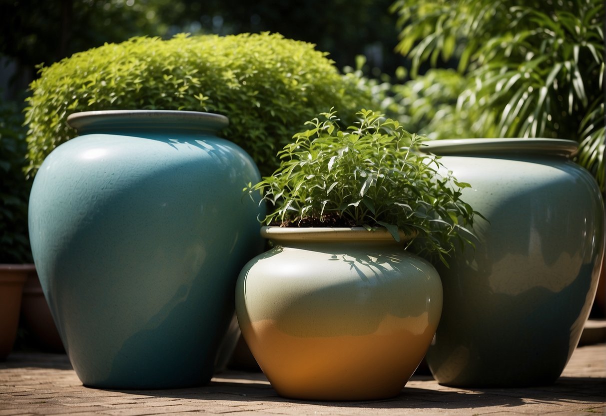 Several extra large outdoor ceramic pots arranged in a garden, varying in shape and color, with lush green plants spilling over the edges