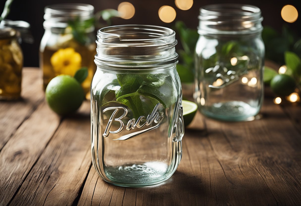 Mason jar glasses with handles arranged on a rustic wooden table