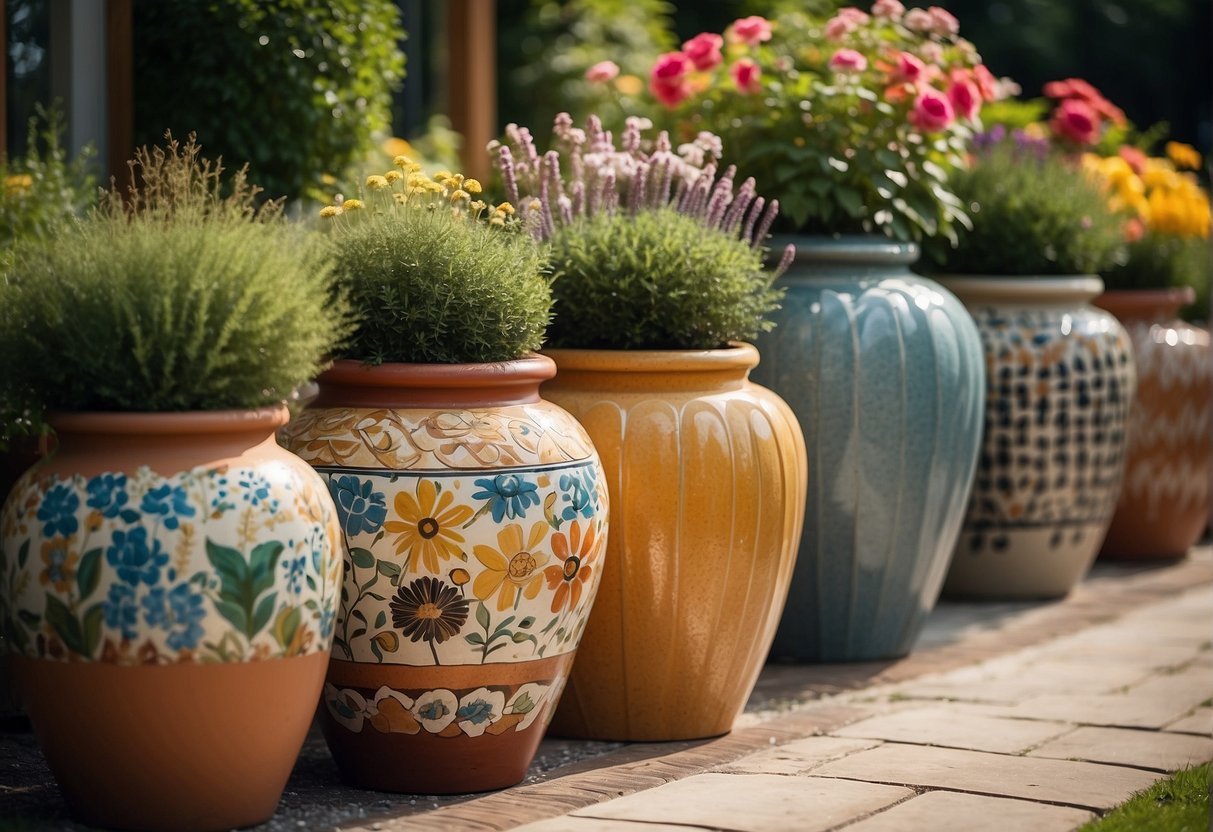 Several extra large outdoor ceramic pots arranged in a garden, filled with vibrant flowers and plants, adding a touch of elegance and beauty to the outdoor space