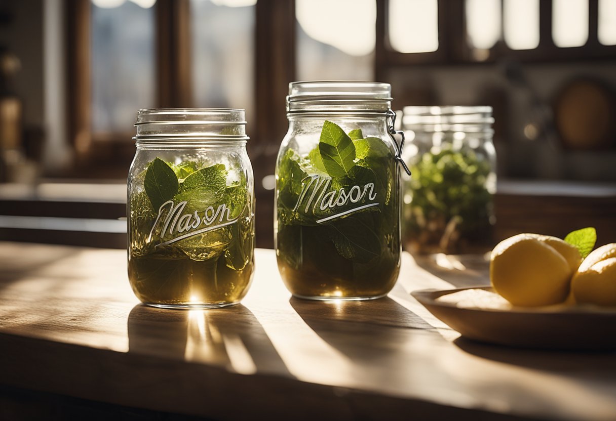 Mason jar glasses with handles arranged in a rustic kitchen setting, surrounded by vintage decor and natural light streaming in from a window
