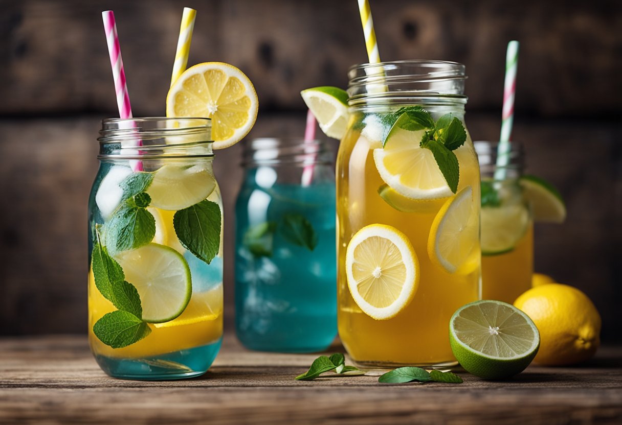 Mason jar glasses with handles on a rustic wooden table, filled with colorful drinks and adorned with decorative straws and lemon slices