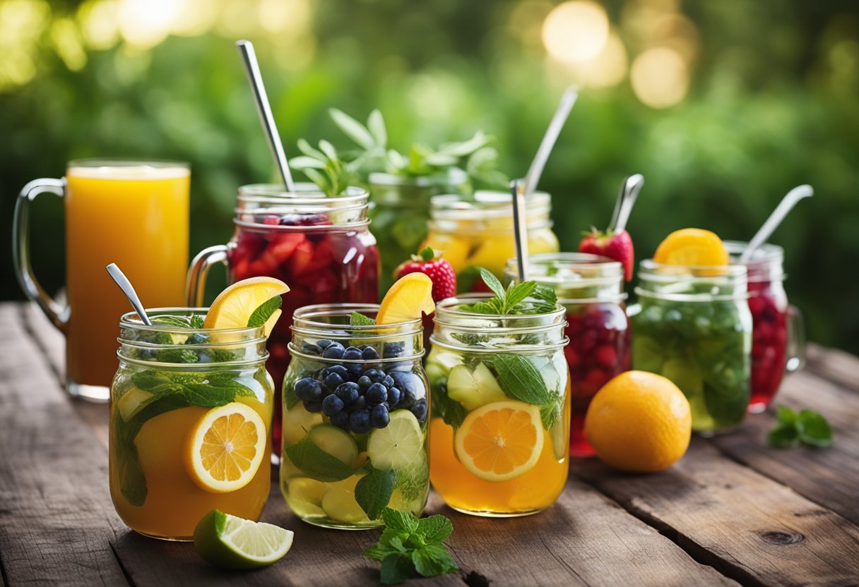 Mason jar glasses with handles arranged on a rustic wooden table, filled with colorful beverages and surrounded by fresh fruits and herbs