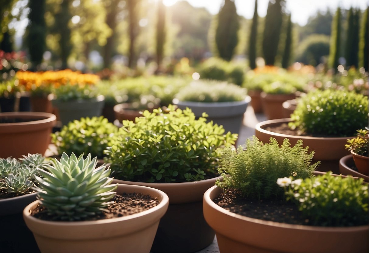 A variety of extra large outdoor ceramic pots are displayed in a spacious garden center, surrounded by lush greenery and bathed in natural sunlight