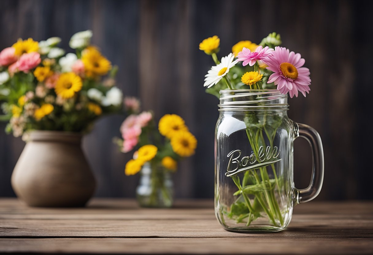 A mason jar with a handle sits on a rustic wooden table. The jar is clear and filled with colorful flowers, giving off a cozy and inviting vibe