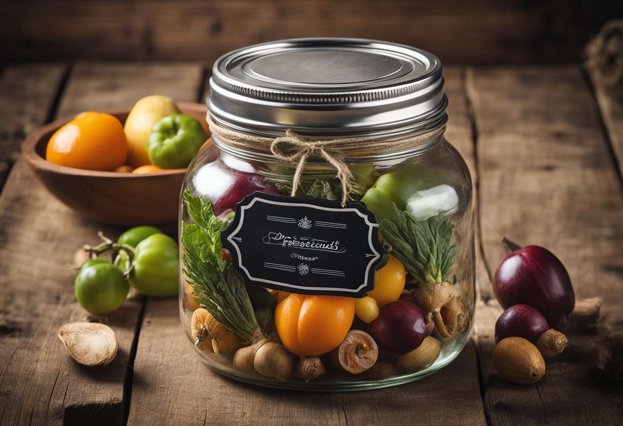 A mason jar with a handle sits on a rustic wooden table, surrounded by preserved fruits and vegetables. The jar is adorned with a vintage label and sealed with a metal lid