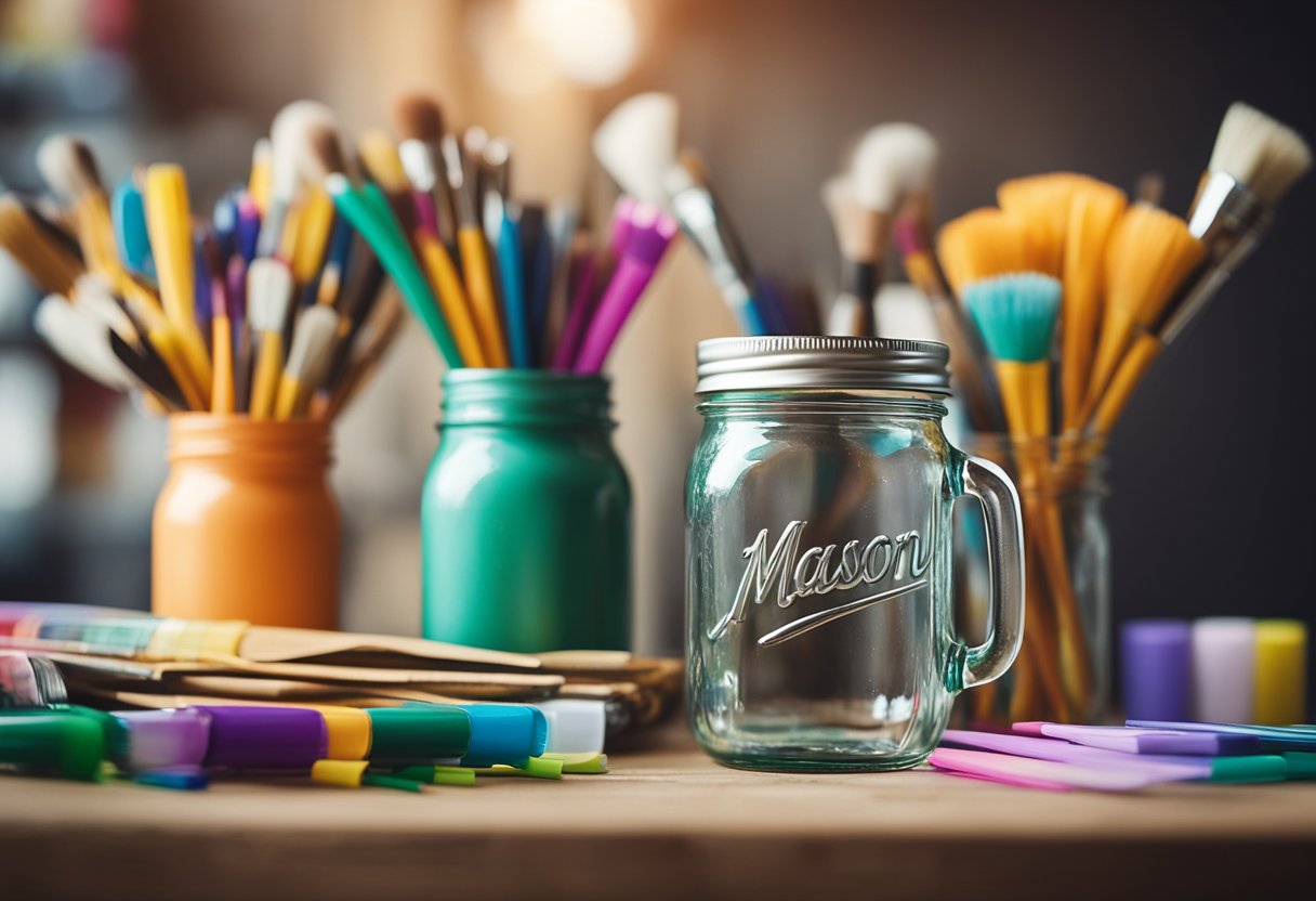 A mason jar with a handle sits on a wooden table, surrounded by craft supplies like paintbrushes, markers, and colorful paper