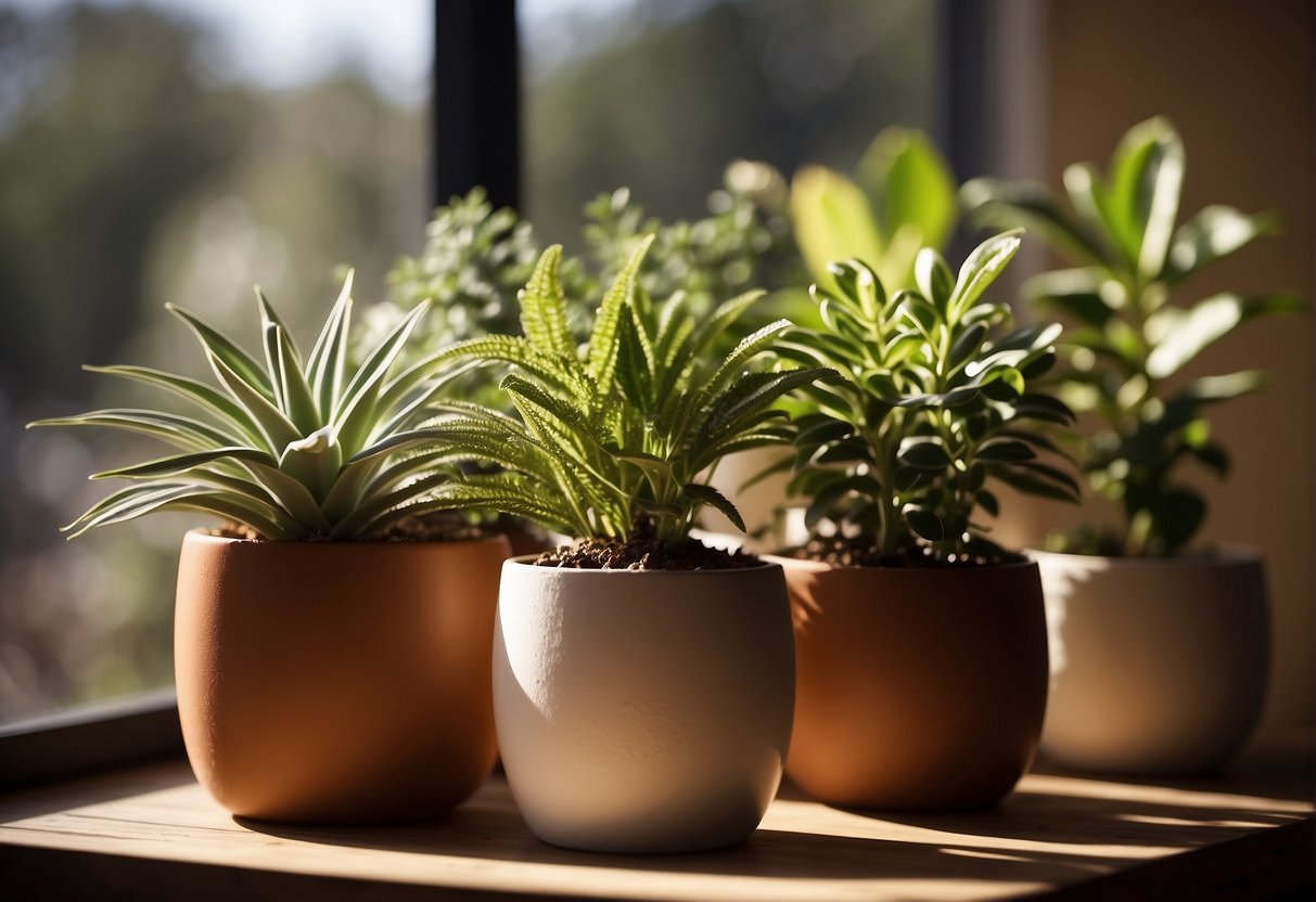 Ceramic pot plants arranged on a wooden shelf with sunlight streaming through a nearby window, casting soft shadows on the surface