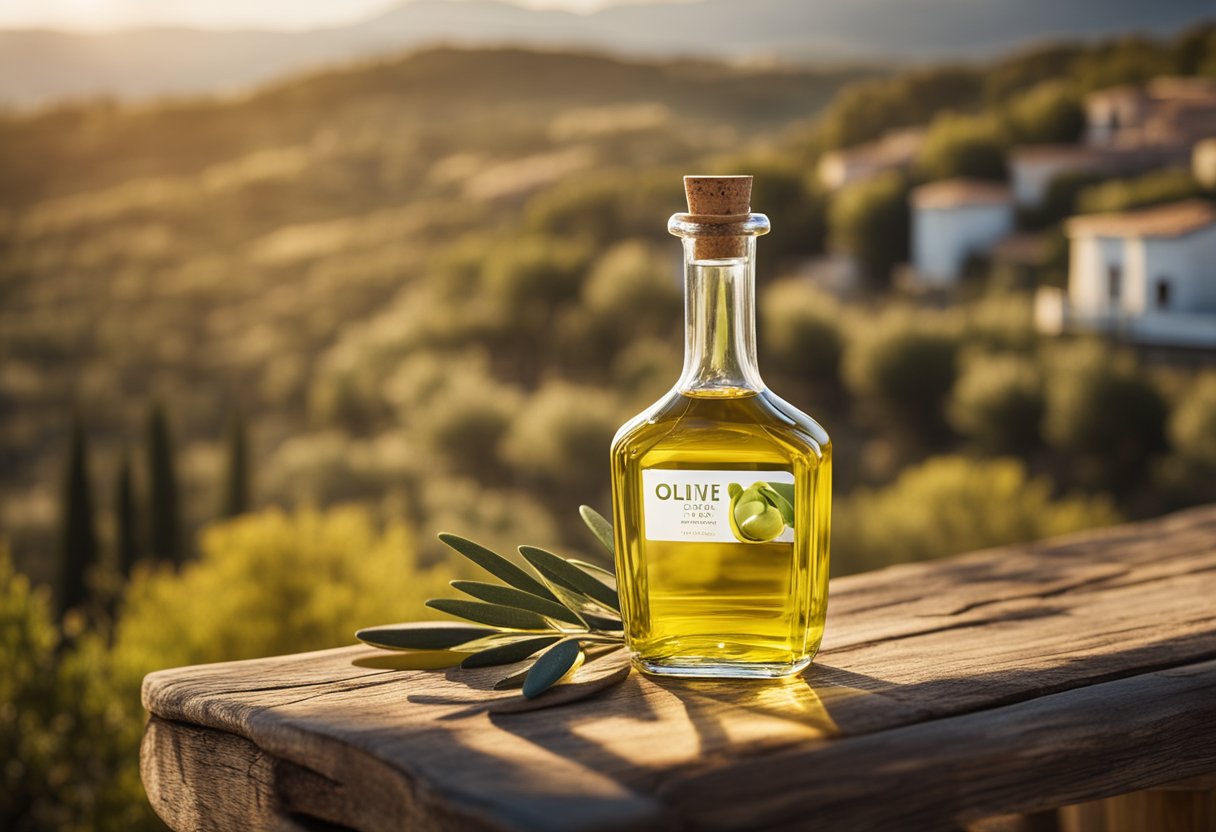 An olive oil bottle stands on a rustic wooden table, bathed in warm sunlight, with a backdrop of a Mediterranean landscape