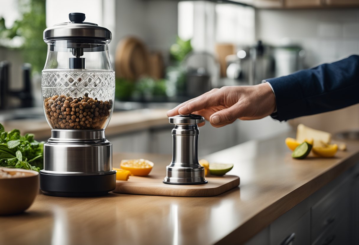 A hand reaches for a pepper grinder jar on a kitchen counter