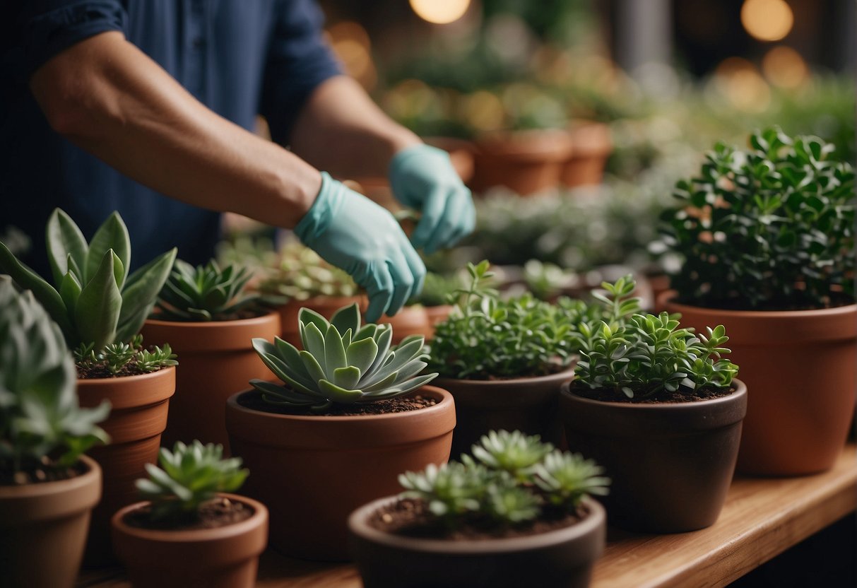 A person carefully selects a ceramic pot from a shelf, examining its shape and color. Various potted plants surround them, creating a lush and vibrant display