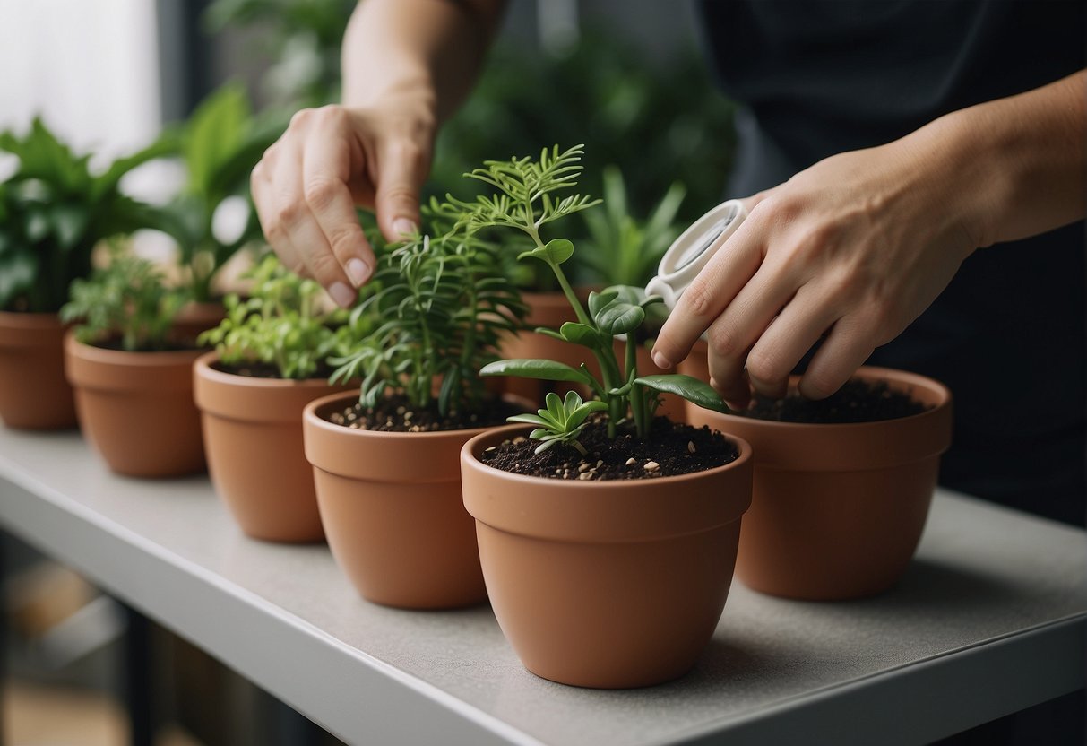 Lush green plants being carefully placed into ceramic pots