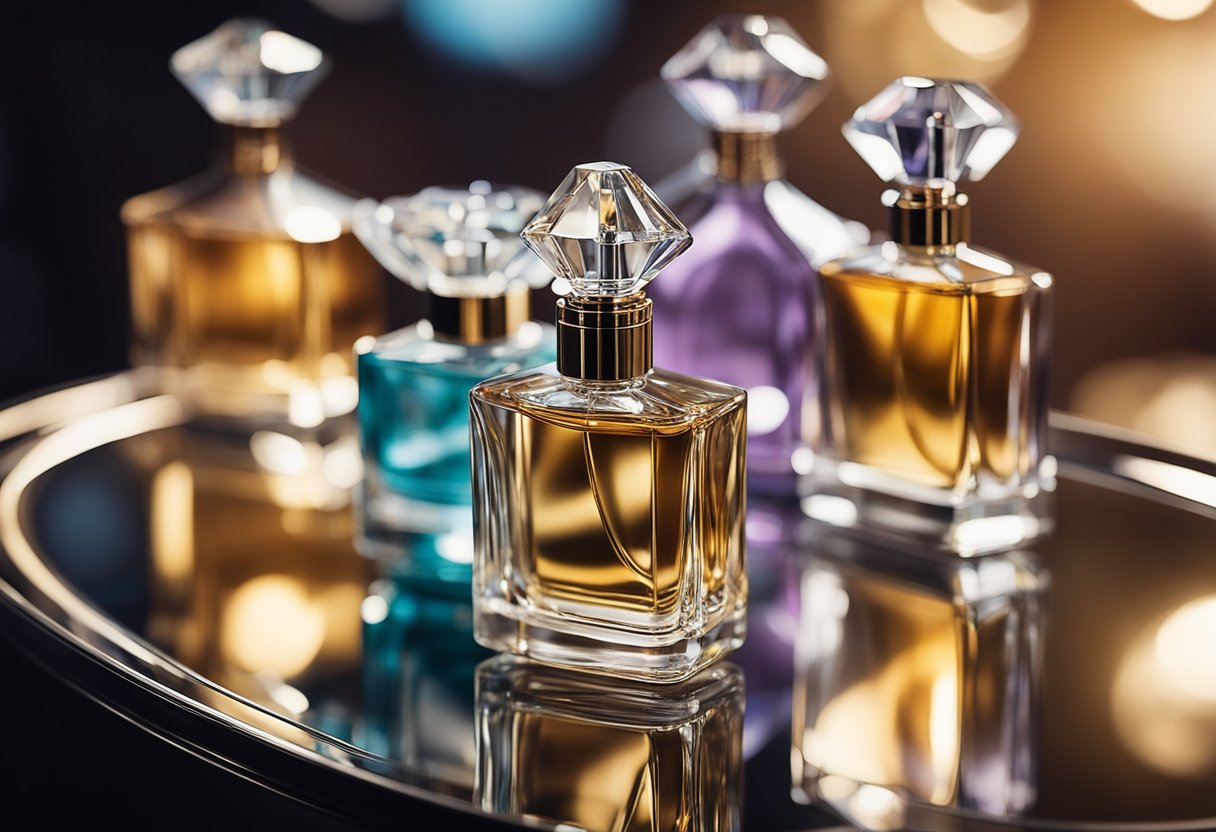 Multiple perfume bottles arranged on a mirrored tray, catching the light and reflecting their various shapes and colors