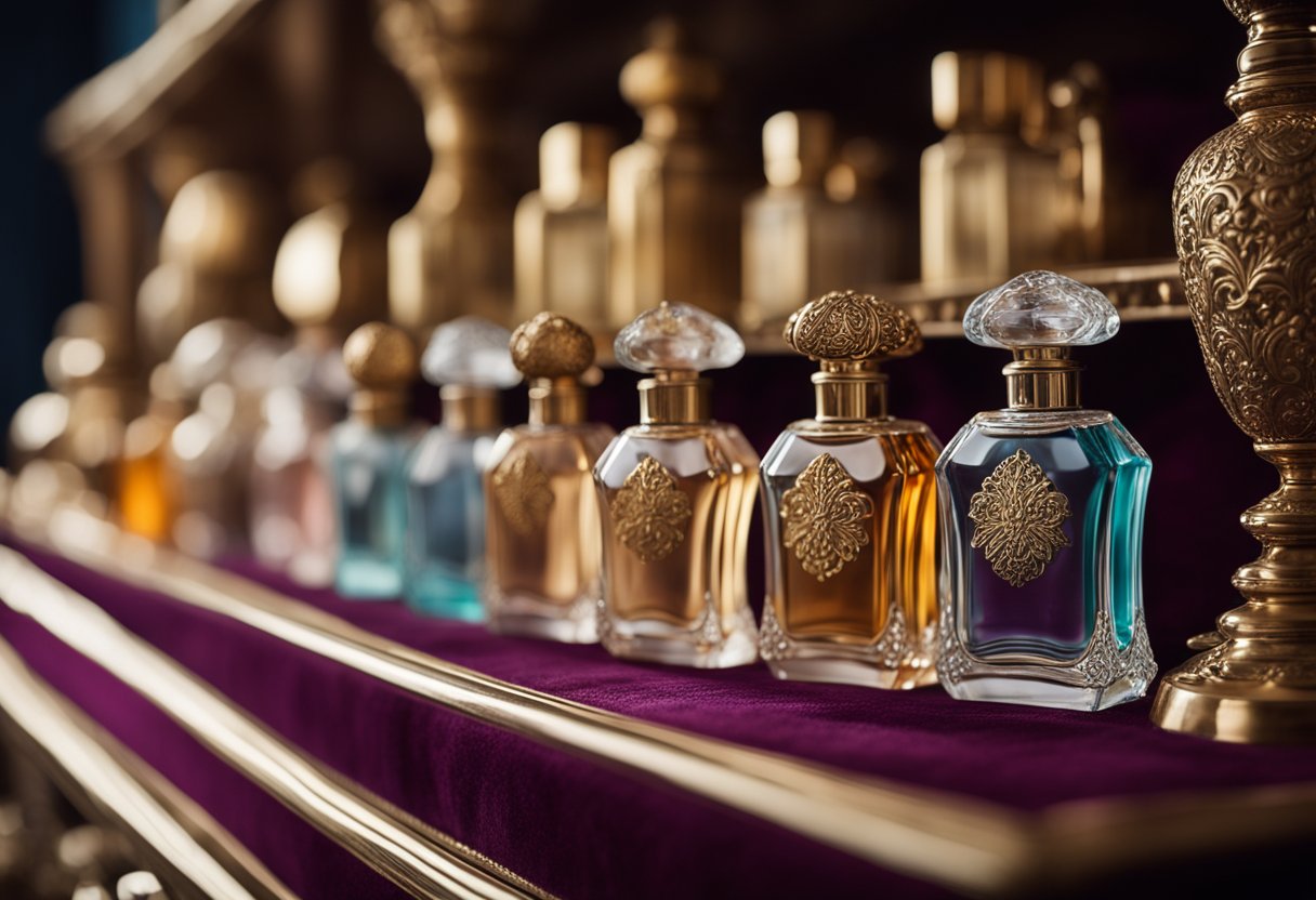 A collection of vintage perfume bottles arranged on a velvet-lined shelf, varying in size, shape, and color, with ornate stoppers and intricate designs