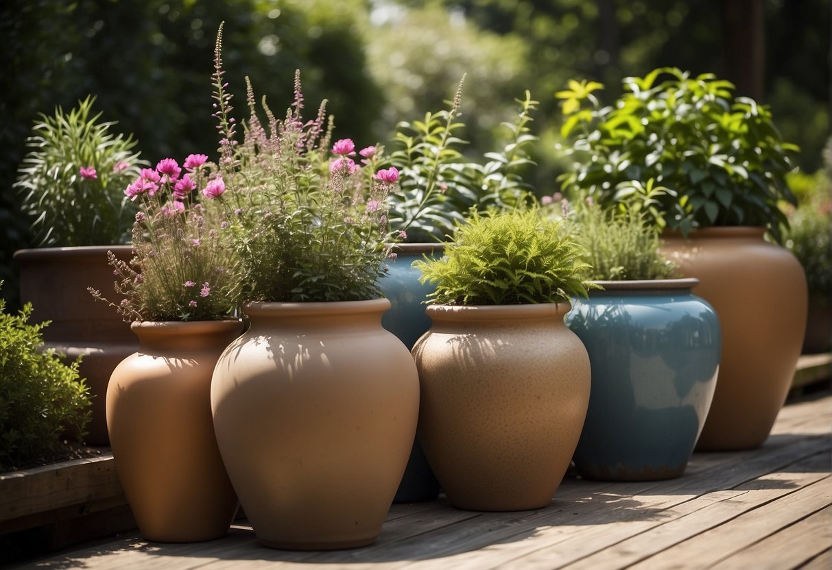 Several large ceramic pots arranged in a rustic outdoor setting, varying in size and color, with plants or flowers spilling over the edges