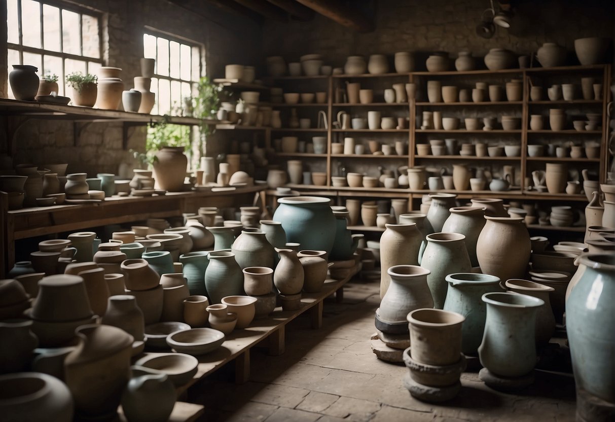 A workshop filled with large ceramic pots, some cracked and weathered, others freshly glazed and gleaming. Shelves are lined with tools and molds, and a potter's wheel sits in the center of the room