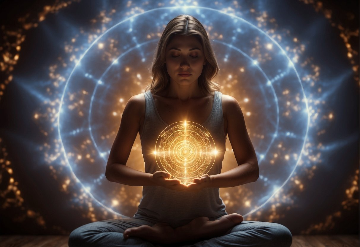 A figure meditates under a glowing, swirling vortex of energy, releasing a blockage in the sternum chakra