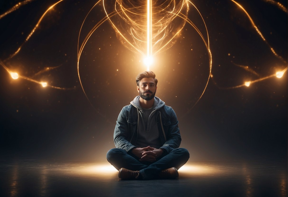 A person sitting cross-legged, surrounded by swirling energy, with a glowing light at the center of their forehead