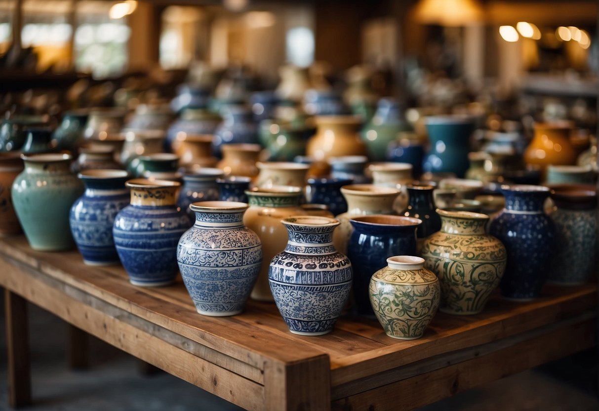 An artistically arranged display of large ceramic pots, each carefully maintained and placed in a well-lit and spacious environment