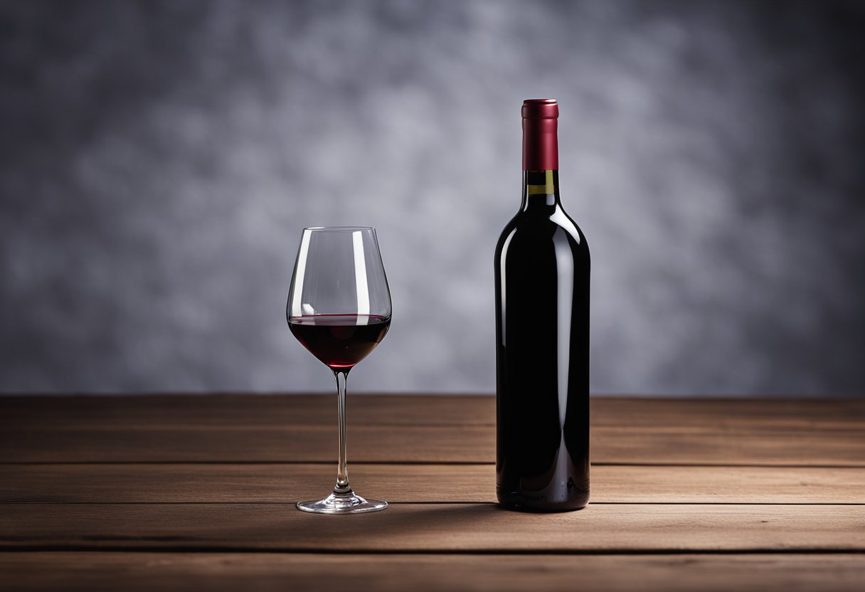 A red wine bottle sits on a rustic wooden table, with a single droplet of wine sliding down the side