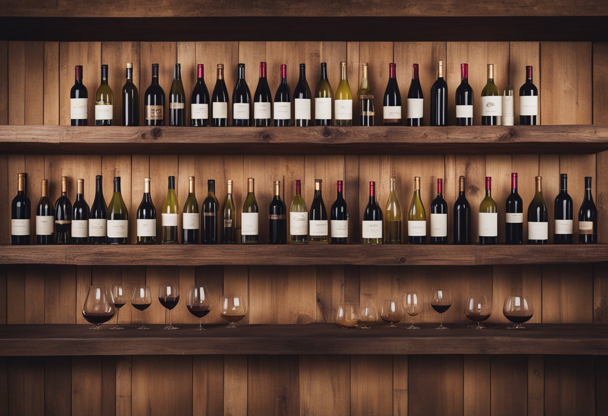 A row of red wine bottles, ranging in age and design, lined up on a rustic wooden shelf