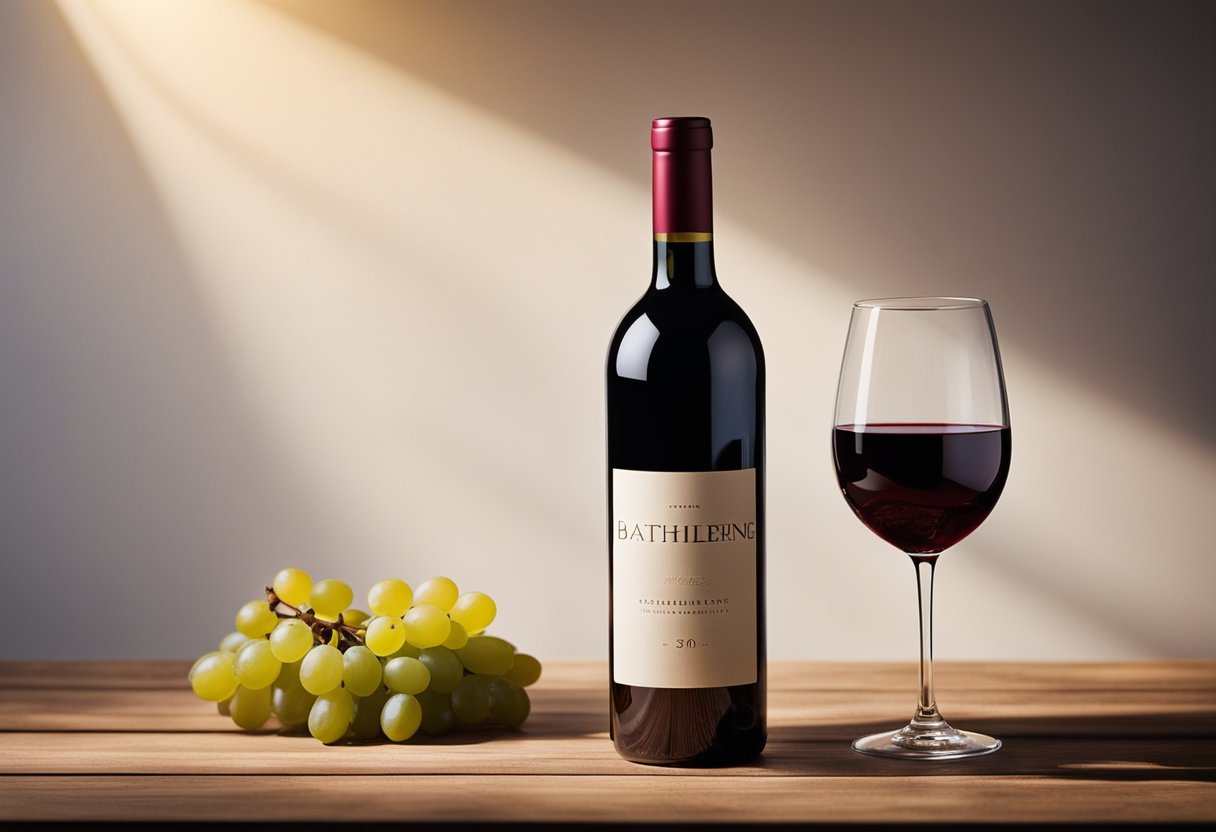 A red wine bottle stands on a wooden table, surrounded by a few scattered grapes and a wine glass. The label is elegantly designed, and the bottle is bathed in warm, inviting light