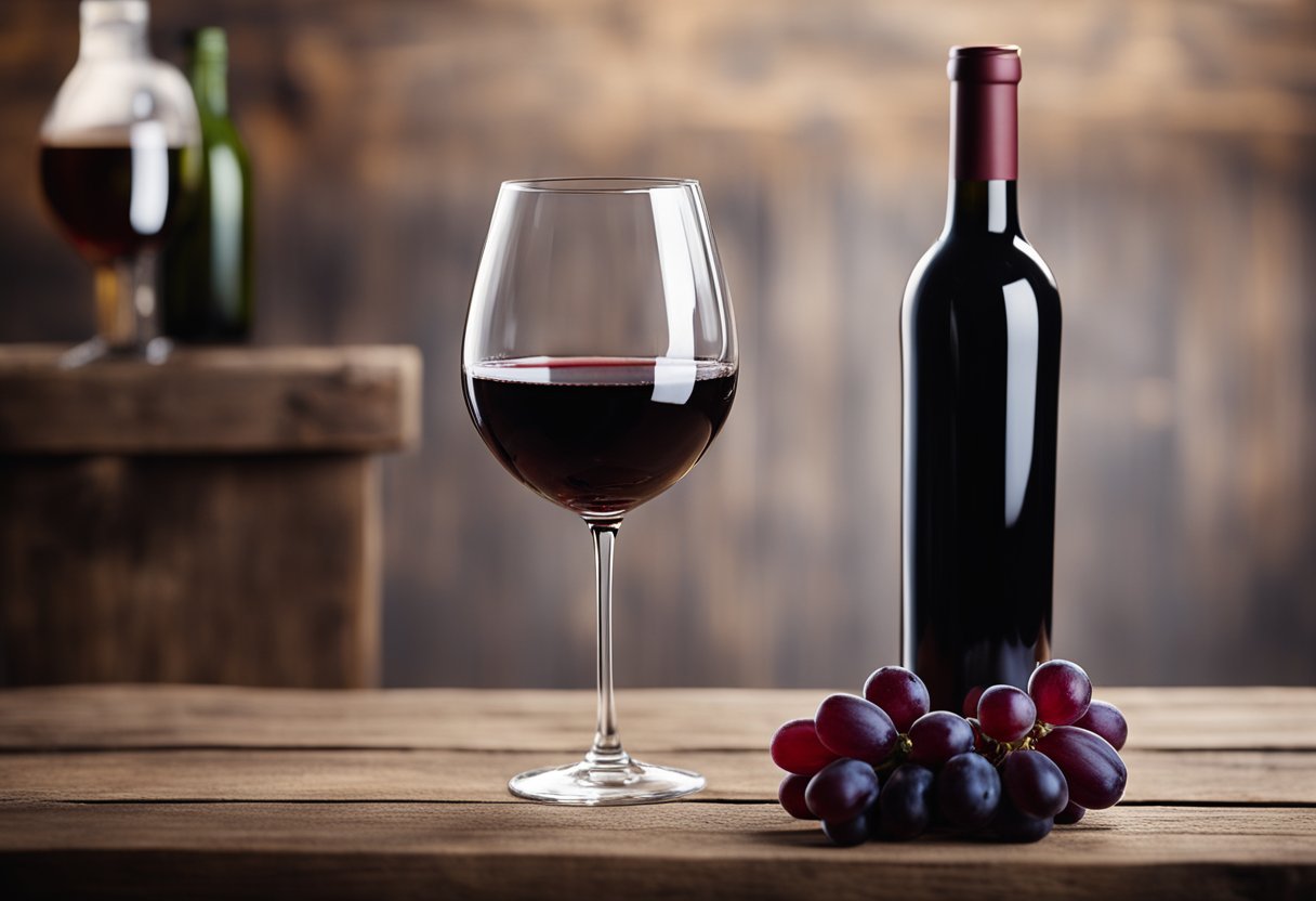 A red wine glass sits next to a bottle on a rustic wooden table