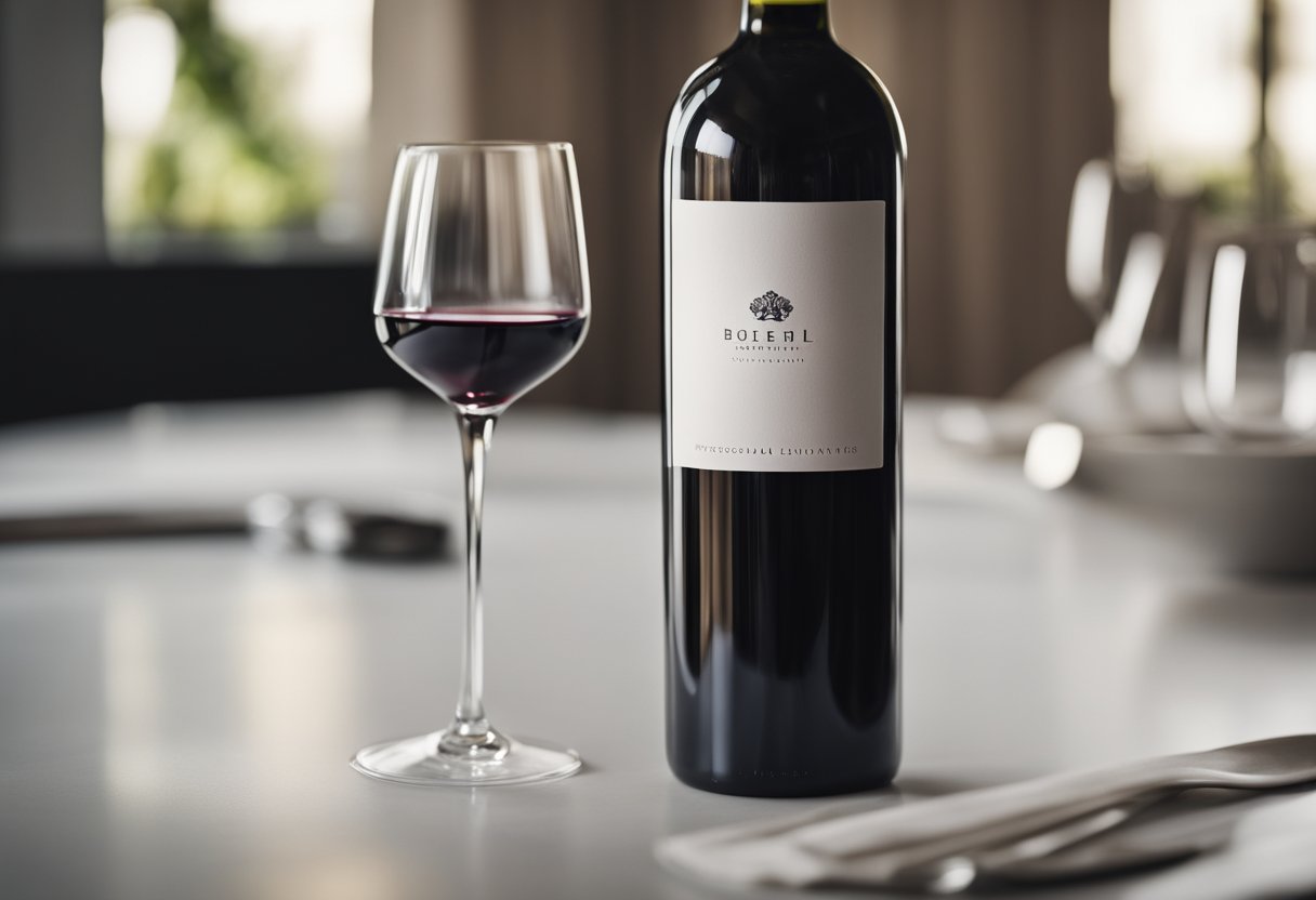 A sleek, tall red wine bottle with a slender neck and curved body, adorned with a simple yet elegant label. The glass is clear and reflects the light, creating a beautiful play of shadows and highlights