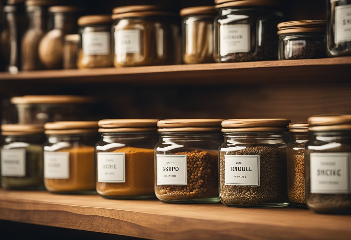 Round glass spice jars sit neatly on a wooden shelf, their shiny surfaces reflecting the warm light from above