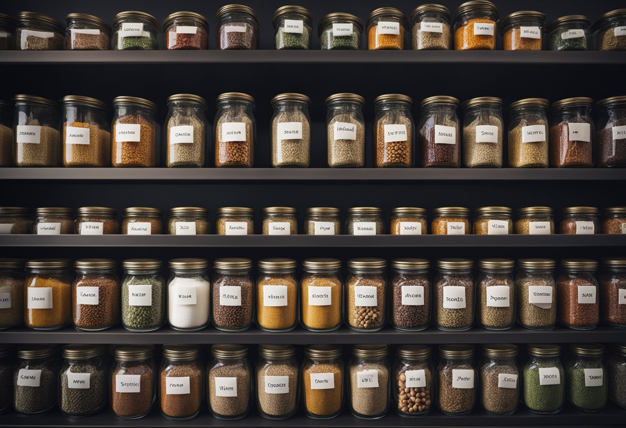 Round glass spice jars lined up on a shelf, filled with colorful spices and labeled with their names. The light catches the glass, making the spices inside sparkle
