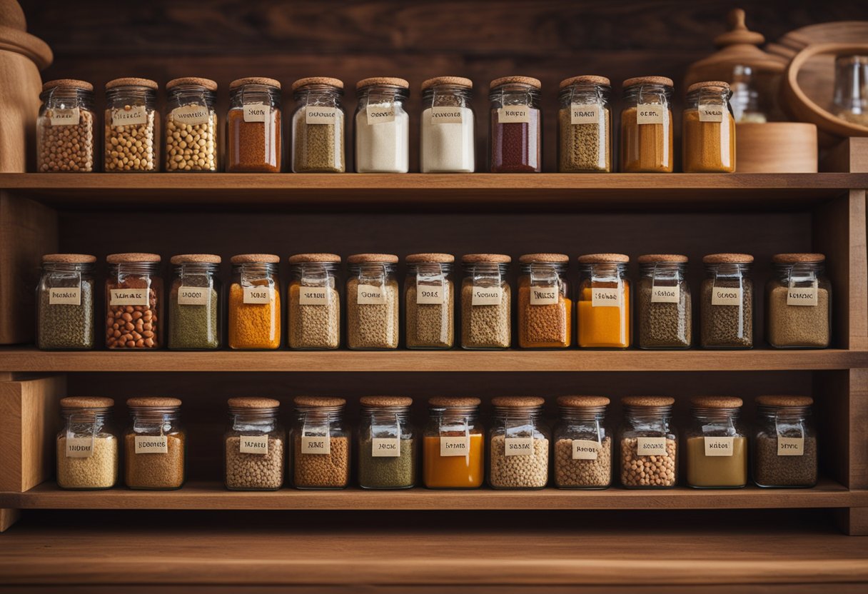 Several round glass spice jars arranged neatly on a wooden spice rack, each labeled with different spices such as paprika, cumin, and cinnamon