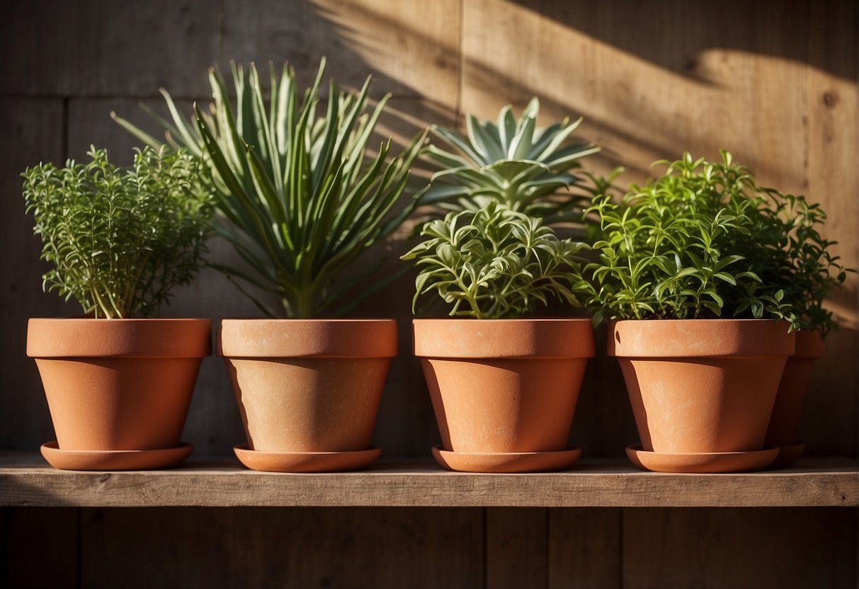 Terracotta pots arranged on a rustic wooden shelf, bathed in soft sunlight. Green plants peek out from the pots, adding a touch of natural beauty to the scene