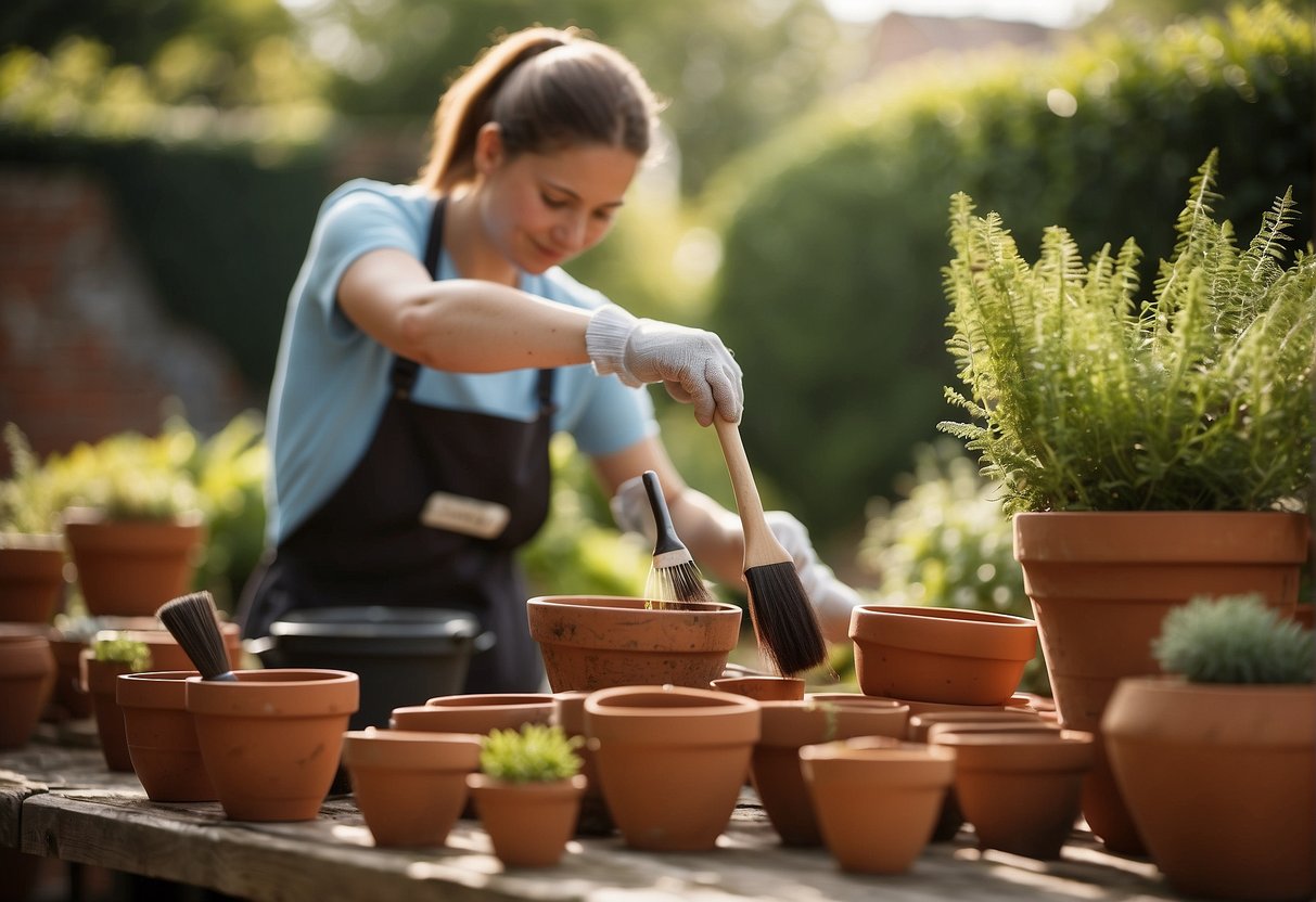 A person is scrubbing terracotta pots with a brush and soapy water, removing dirt and debris. The pots are arranged on a table in a sunny garden