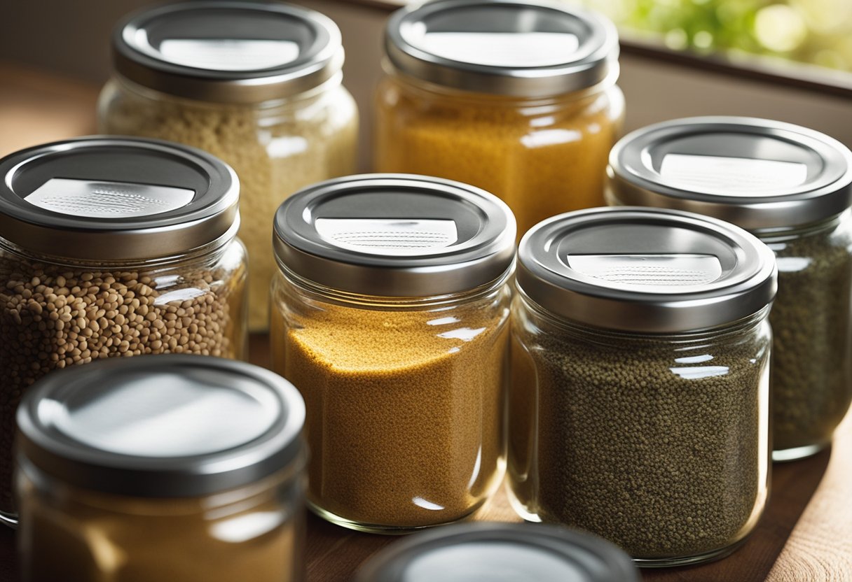 Glass jars filled with various seasonings, arranged on a wooden table. Labels indicate contents. Light filters through a nearby window, casting soft shadows